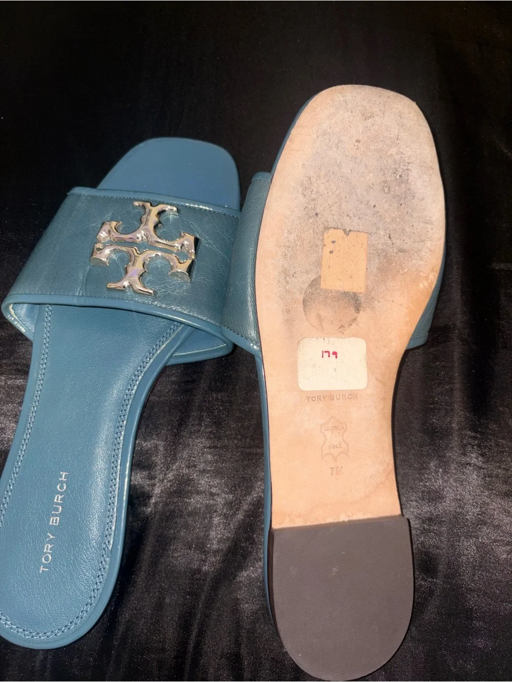 Tory Burch Teal Slide Sandals with Gold Logo Hardware